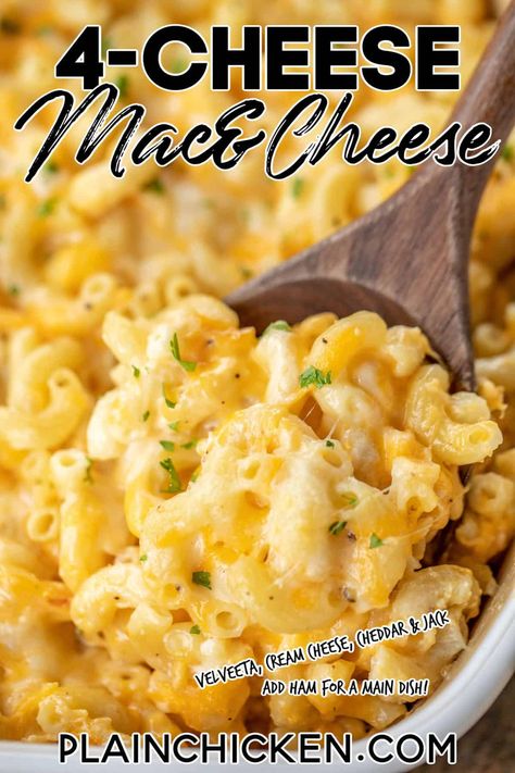 4-Cheese Mac and Cheese Recipe - so easy and it tastes AMAZING! No roux or white sauce! Simply boil the pasta and toss with butter. Add cream cheese, Velvetta, Jack and Cheddar cheese, egg, heavy cream, salt, and pepper. Can freeze for a quick side later. Add ham for a main dish! This is our family's favorite macaroni and cheese recipe! YUM! Southern Mac And Cheese, Best Mac N Cheese Recipe, Cheese Macaroni, Mac And Cheese Casserole, Baked Mac And Cheese Recipe, Thanksgiving Side Dishes Easy, Easter Side Dishes, Best Mac And Cheese, Mac Cheese Recipes