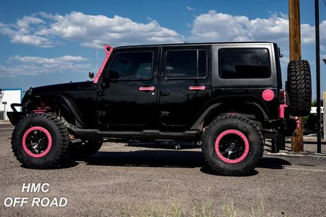 Black And Pink Car Exterior, Black Jeep Pink Accents, Black Jeep Wrangler With Pink Accents, Black Jeep With Hot Pink Accents, Jeep With Pink Accents, Black And Pink Jeep, Pink And Black Car, Jeep Wrangler Girly, Kids Vehicles