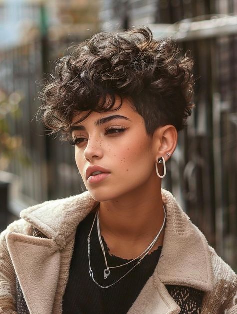 Bold and Chic Curly Pixie Haircuts for Every Style Shaggy Short Hair Curly, Mens Haircut Styles, Fohawk Haircut Fade, Short Curly Mohawk, Pixie Cut Curly, Curly Mohawk Hairstyles, Curled Pixie, Curly Crochet Braids, Curly Mohawk