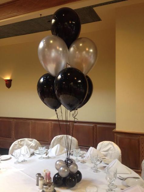 Black White And Grey Party Decorations, Black And Silver Balloon Centerpieces, Black And White Balloon Centerpieces, Black And Silver Party Theme Centerpieces, Black Balloon Centerpieces, Black And Silver Centerpieces, 50th Birthday Party Centerpieces, Formal Decor, Column Ideas