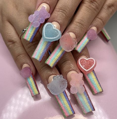 Candy Nail Charms, Candy Nails Designs 3d, Pink Candy Nails, Candy Theme Nails, Candy Charm Nails, Candy Themed Nails, Candy Nails Acrylic, Long Nails With Charms, Candyland Nails