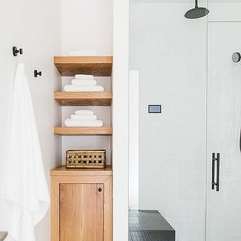 Built In Bathroom Shelves Design Ideas Bathroom Nook, Inset Bath, Oak Floating Shelves, Bathroom Shelving, Shelves Design, Kitchen Transitional, Cozy Cottages, Oak Bathroom, Shelving Design