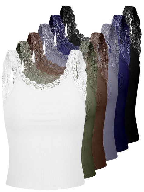 PRICES MAY VARY. Lace Tank Tops: lace straps cami uses lace trim design at the neckline and shoulder strap, besides womens lace camisole adopts scoop neck, which can show your charm; Lace camisoles undershirt is elegant and charming, which can make you stand out in the crowd 6 Colors: you will receive 6 pieces of women's lace patchwork camisole in different colors, including white, military green, coffee, gray, navy blue and black; A variety of colors can meet your daily matching and replacement Low Cut Blouses, Lace Trim Cami, Lace Cami Top, Lace Straps, Lace Camisole, Tank Top Camisole, Ribbed Tank Tops, Lace Cami, Ribbed Tank