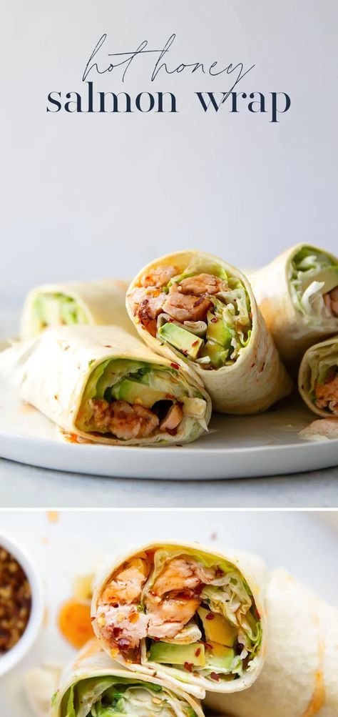 Hot honey glazed salmon, avocado, and a creamy scallion slaw are an incredible trio of flavors in this hot honey salmon wrap. An instant lunch level-up! Leftover Salmon Lunch Ideas, Salmon Ceasar Wrap, Salmon Tortilla Wrap, Hot Honey Salmon, Salmon Wraps, Salmon Packets, Healthy 2024, Salmon Wrap, Lunch Meals