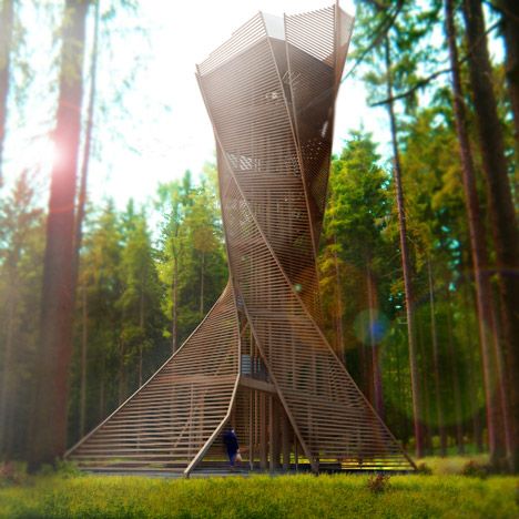 This pavilion for Bruneck in Italy would be built from straight timber sections arranged to form a twisting tower with a viewing platform at its peak Biophilic Playground, Bird Watching Tower, Building Typology, Viewing Tower, Observation Tower, Organic Structure, Lookout Tower, Nature Architecture, Tower Design