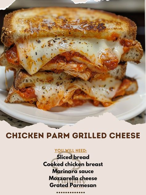 🥪🧀 Turn up your meal with the Chicken Parm Grilled Cheese. A delightful twist on the classic! 🐔 Chicken Parm Grilled Cheese Ingredients: Sliced bread: 4 pieces Cooked chicken breast: 1, sliced Marinara sauce: 1/2 cup Mozzarella cheese: 4 slices Grated Parmesan: 2 tbsp Butter: As needed Instructions: Butter bread slices. On unbuttered side, layer chicken, sauce, cheeses. Top with bread, buttered side out; grill until golden. 🍞🧀 Enjoy this melty, cheesy delight that brings comfort in every ... Butter Chicken Sandwich, Chicken Breast Sandwich, Layer Chicken, Chicken Sauce, Cheese Sandwich Recipes, Butter Bread, Sliced Bread, Chicken Patties, Grilled Cheese Recipes