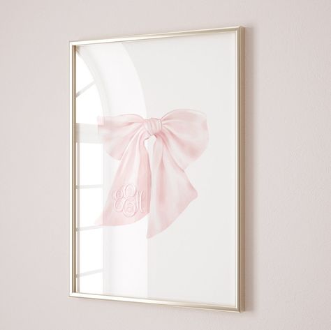 Light Pink Toddler Room, Baby Girl Nursery Pink And Gold, Croquette Room Decor, Baby Pink Room Decor, Bow Bedroom Decor, Pink Bow Nursery Theme, Preppy Girl Nursery, Bow Wall Art, Bow Nursery Theme Girl