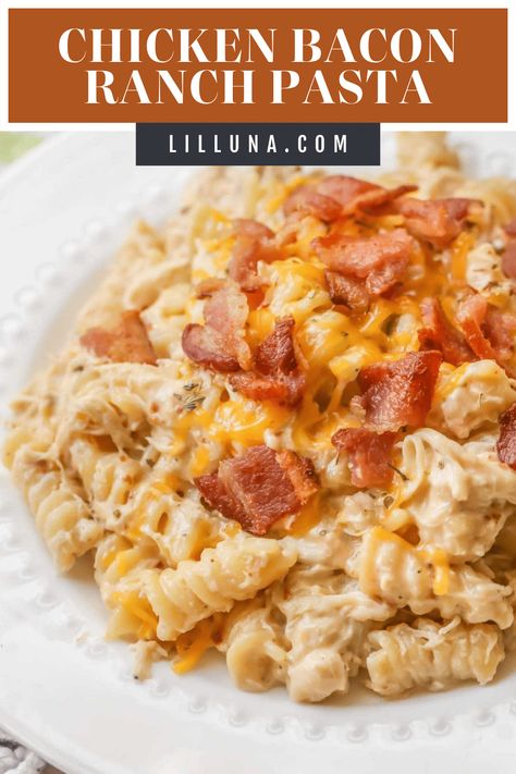 One-pot chicken bacon ranch pasta is a creamy and deliciously cheesy dish that is on the table in under 30 minutes! #chickenbaconranchpasta #pasta #chickenbaconranch #chickenpasta #ranchpasta Rotisserie Chicken Uses, Asian Steak Bites, Bacon Wrapped Chicken Bites, Bacon Ranch Pasta, Chicken Bacon Pasta, Chicken Ranch Pasta, Chicken Bacon Ranch Pasta, Healthy Baked Chicken, Creamy Pasta Dishes