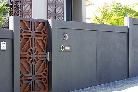 Decorative Gates, Perimeter Wall, Perimeter Fence, Boundary Wall Design, Nz Landscape, Nice Architecture, Gate Fence, Boundary Wall, Adobe Home