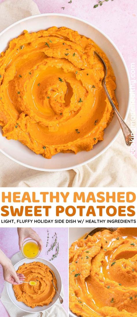 Healthy Mashed Sweet Potatoes are the perfect light and fluffy holiday side. Gluten free, under 200 calories, and made with 6 simple ingredients in just 30 minutes! Sweet Potato Mash Healthy, Sweet Potato Puree Recipes Healthy, Mashed Sweet Potatoe Casserole Recipes, Mashed Sweet And White Potatoes, Sweet Potato Mashed Potatoes Healthy, Mashed Sweet Potato Recipes Healthy, Bariatric Sweet Potato Recipes, Healthy Mashed Sweet Potatoes, Low Sodium Sweet Potato Recipes