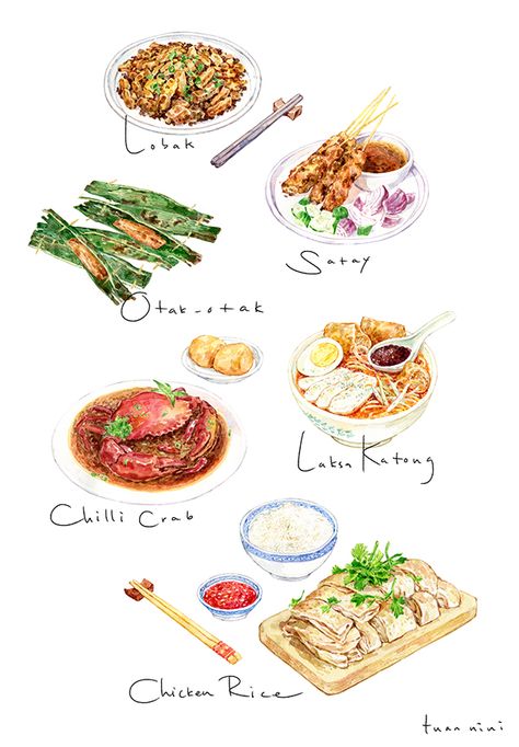 Singapore Food Illustration, Diet Illustration, Malay Food, Food Doodles, Food Artwork, Food Sketch, Food Cartoon, Food Illustration Art, Singapore Food