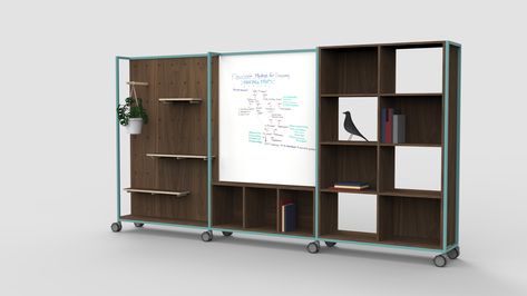 Divide space beautifully and functionally with a mobile solution that has a more narrow profile than its big sister, Trellis. Complete with locking casters, this solid wood and steel moveable wall is adaptable as you need to be to work and play your best.   (Shown here with a peg board, whiteboard with storage and bookshelf) Desk Idea, Moveable Wall, Wood And Steel, Command Center, Idea Board, Restaurant Interior Design, Acoustic Panels, Peg Board, Restaurant Interior