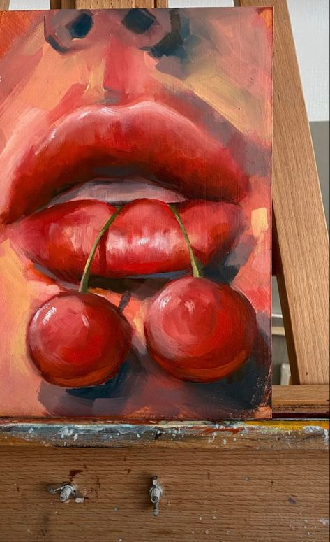 Lips Painting, Cherry Lips, Art Painting Gallery, Art Drawings Sketches Creative, Art Inspiration Painting, Art Sketch, Painting Art Projects, Cool Art Drawings, Pics Art