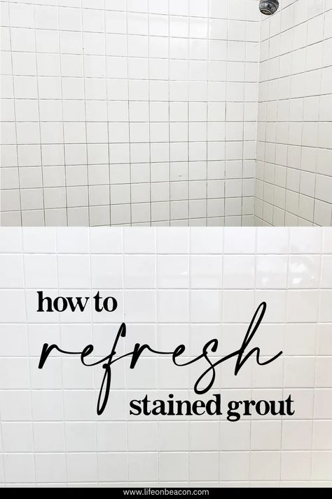 How to refresh stained tile grout for less than $40 Cleaning Old Tile And Grout, Bathroom Grout Color, Grey Grout Bathroom, Stained Grout, Grout Refresh, Can You Paint Tile, Easy Bathroom Upgrades, Shower Grout, Grout Paint