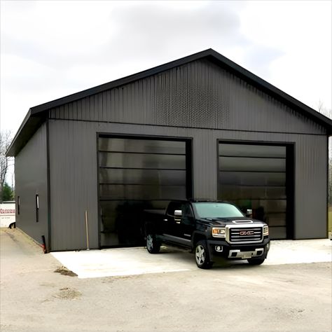 Black Car Garage, Truck Shop Garage, Modern Shop Exterior, Garage Barndominium, Small House Big Garage, Black Metal Shop, 2 Story Garage, Black Homes, Detached Garage Designs