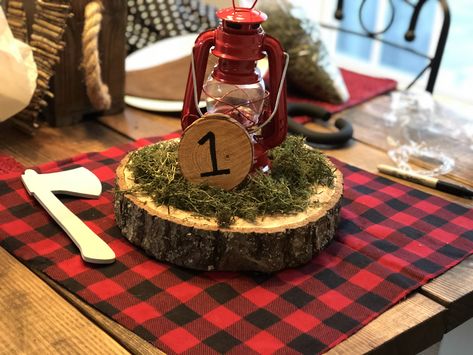 Lumber Jack Center Piece  Made by: Ariel King Lumberjack First Birthday Centerpieces, One Happy Camper Birthday Centerpieces, One Happy Camper First Birthday Centerpiece, Happy Camper Centerpieces, One Happy Camper Table Centerpieces, One Happy Camper Centerpieces, Happy Camper Birthday Party, First Birthday Centerpieces, Lumberjack Theme