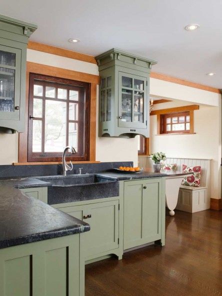 In a newly built house near New Hope, Pennsylvania, for example, designer Bela Rossman of Polo Design Build chose the gray-green stone to co... Farmhouse Kitchen Cabinet, Crown Point Cabinetry, Kitchen Cabinet Makeover, Cottage Kitchen Cabinets, Rustic Farmhouse Kitchen Cabinets, Rustic Kitchen Cabinets, Farmhouse Kitchen Remodel, Craftsman Kitchen, Green Kitchen Cabinets