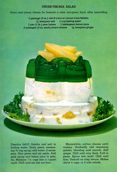 Under-the-sea jell-o salad recipe (1963) Jello Mold Recipes, Canned Pears, Resep Salad, Jello Desserts, Jello Salad, Jello Recipes, Jell O, Soften Cream Cheese, Food Ads