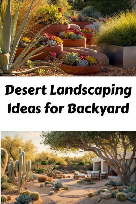 Discover the art of transforming your backyard into a stunning desert oasis with our curated collection of 10 creative landscaping concepts. Let these innovative ideas ignite your imagination and awaken a newfound inspiration in you! Simple Desert Backyard Landscaping, Desert Living Outdoor Spaces, Dessert Garden Landscape, Las Vegas Landscaping Ideas, Small Desert Backyard Ideas, Arizona Landscaping Ideas Backyard, Desert Backyard Ideas Arizona, Landscaping In Arizona, Front Yard Desert Landscaping Ideas