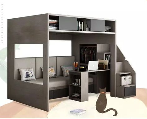 Space saving loft bunk bed Loft Bed With Couch, Bed With Desk Underneath, Desk Closet, Couch Desk, Loft Bunk Bed, Modern Loft Bed, Loft Beds For Small Rooms, Bed For Girls Room, Beds For Small Rooms