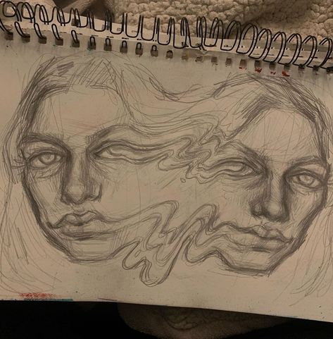 Merged Faces Art, Melting Face Painting, Two Heads Drawing, Distorted Face Drawing, Multiple Faces Art, Face Distortion Art, Two Faced Art, Melting Face Drawing, Two Faces Art