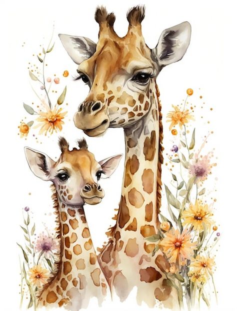 Paintings Of Giraffes, Giraffe Painting Acrylic, Pictures Of Giraffes, Giraffe With Flowers, Animal Watercolor Paintings, Cute Animal Paintings, Watercolor Animal Paintings, Painting Giraffe, Cute Animals Painting