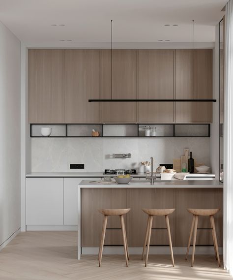 IRPEN. FIRST FLOOR on Behance Small Minimalist Kitchen, Modern Condo Kitchen, Peninsula Kitchen, Minimal Kitchen Design, Modern Minimalist Kitchen, Kabinet Dapur, Condo Kitchen, Minimalist Kitchen Design, Modern Kitchen Interiors