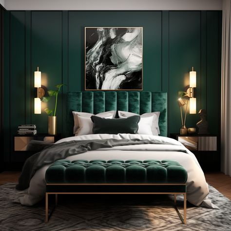 Monochromatic, emerald green, primary bedroom, modern luxury, luxury living, luxury bedroom, gold and green, emerald tones, rich lifestyle, rich palette, monochrome palette Dark Teal Bedroom Ideas, Dark Teal Bedroom, Emerald Green Bedrooms, Green Bedroom Design, Green Bedroom Decor, Teal Bedroom, Gold Bedroom, Green Walls, Saree Design