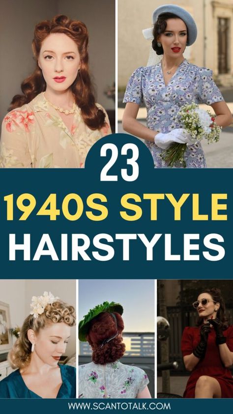 Step back in time with these 23 timeless 1940s hairstyles that perfectly capture the vintage glamour of the era. From elegant pin curls to sophisticated victory rolls, these classic styles are perfect for anyone looking to add a touch of old Hollywood charm to their look. Discover stunning hair inspiration to recreate these iconic styles and embrace the beauty of 1940s hair trends. 40s Victory Rolls, Long Hair 1940’s Style, 1940 Long Hairstyles, 1940s Hairstyles For Long Hair Updo, 1940s Hollywood Hair, Vintage Wedding Hair Medium Length, Pill Box Hat Hairstyles, Simple 1940s Hairstyles, Vintage Hairstyles With Hat