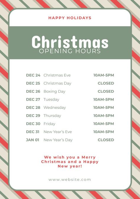 Christmas Opening Hours, Opening Hours Poster, Holiday Hours Sign, Opening Hours Sign, Holiday Hours, Digital Portfolio, Linear Pattern, Holiday Signs, Opening Hours