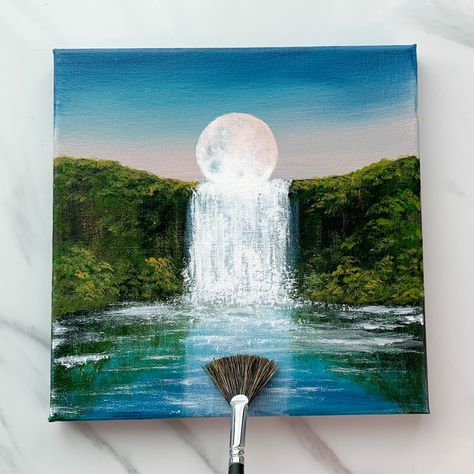 Waterfall Painting Acrylic Step By Step, Waterfall Painting Tutorial, Moonlit Waterfall, Waterfall Painting, Waterfall Paintings, Mountain Waterfall, Youtube Channel Art, Channel Art, Autumn Painting