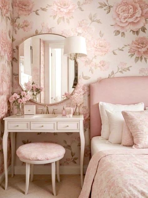 Pink Vintage Bedroom, Pink Bedroom Accessories, Light Pink Bedrooms, Floral Wallpaper Bedroom, Floral Bedroom, Feminine Bedroom, Beauty Room Decor, Casa Vintage, Kitchen Home Decor