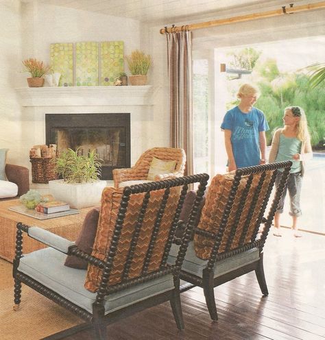 Corner fireplace furniture placement.  Love the seagrass chair and the spool chairs. Fireplace Furniture Arrangement, Corner Fireplace Decor, Corner Fireplaces, Fireplace Styles, Room Layout Design, Shiplap Farmhouse, Fireplace Furniture, Living Tv, Sala Grande