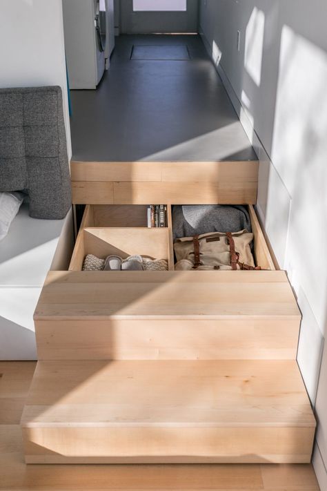 "Our first units fit in many untraditional spots — backyards, rooftops, a desert getaway," the team said. "Our next models will be stackable and designed as high-density solutions for urban environments." Stair Design Ideas, Tiny House Stairs, Stair Design, Tiny House Storage, Stairs Design Modern, Wooden Stairs, Modern Tiny House, Understairs Storage, Small Hallways