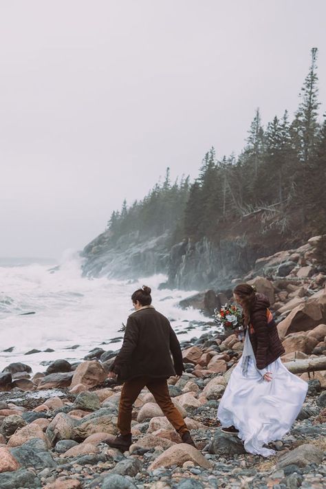 Bride and groom walk next to a stormy ocean during their Acadia National Park elopement Acadia Wedding, Acadia National Park Wedding, Forest Elopement, National Park Elopement, Park Elopement, National Park Wedding, Adventure Photographer, Maine Wedding, Coastal Wedding