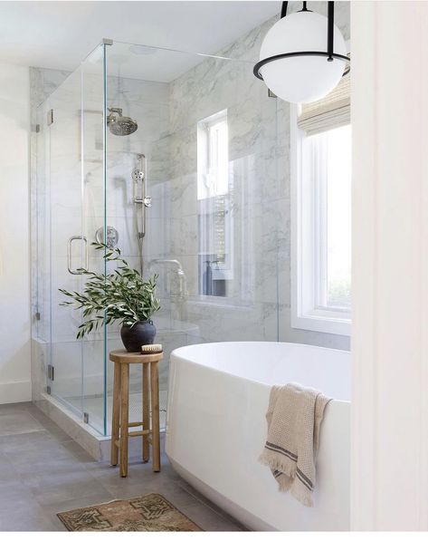 Master Bath Shower And Freestanding Tub, Luxe Master Bath, Driftwood Bathroom Ideas, Bathroom Shower Walls, Primary Bath, Stunning Bathrooms, Master Bath Remodel, Bathroom Countertop, Bathroom Remodel Designs