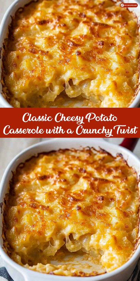 Try this classic cheesy potato casserole with a crunchy twist! Made with sharp cheddar and topped with crispy potato chips, it's a crowd-pleasing dish that's easy to make. Cheesy Potatoes With Potato Chips, Ideas For Potatoes Easy Recipes, Baked Cheesey Potatoes, Potato Chip Casserole Recipes, Cheesy Potatoes With Velveeta, Brunch Potatoes Casserole, Homade Potato Chips, Cheesey Potatoes Easy Recipe, Cheesey Potatoes Recipe