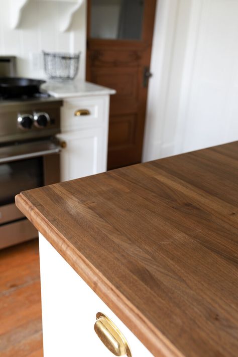 Countertop Edge Profiles Butcher Block, Dark Kitchen With Butcher Block, Raw Butcher Block Countertops, Cottage Kitchen Butcher Block Counters, Light Stain Butcher Block Countertops, Refinish Butcher Block Counter, Kitchen Cabinet Color Ideas With Butcher Block Counters, Acacia Wood Countertops, Watco Butcher Block Oil And Finish