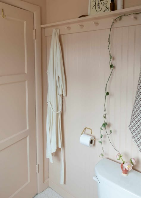 25 Best Beadboard Bathroom Ideas That Never Go Out of Style Shaker Pegs Bathroom, Peg Shelf Bathroom, Pink Beadboard Bathroom, Tile And Beadboard Bathroom, Peg Wall Bathroom, Sage Green Beadboard Bathroom, Peg Rail Shelf Bathroom, Peg Rail Bathroom, Bathroom Hanging Towels