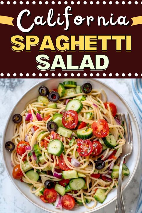 This California spaghetti salad is a fun twist on a classic! With long spaghetti noodles, colorful vegetables, and a cheesy vinaigrette, everyone will love it. Spaghetti Summer Salad, Spaghetti Noodle Salad, Spaghetti Pasta Salad Recipes, Pasta Salad With Spaghetti Noodles, Spagetti Salad Recipes, California Pasta Salad, California Spaghetti Salad Recipe, Camper Meals, California Spaghetti Salad