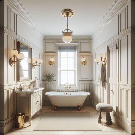 The bathroom should feature elements typical of this design style, such as wainscoting on the walls, a clawfoot bathtub, pedestal sink, and brass fixtures. Include modern touches as well, perhaps with clean lines, neutral color palettes, and practical storage solutions. This image should serve as inspiration for a bathroom remodel, evoking a streamlined yet classic aesthetic that combines both traditional and contemporary design elements. English Manor Bathroom, Manor Houses Interior, Vintage Bathroom Design, English Manor Houses Interior, Vintage Bathroom Inspiration, Vintage Inspired Bathroom, Home Renovation Ideas, Houses Interior, English Manor Houses