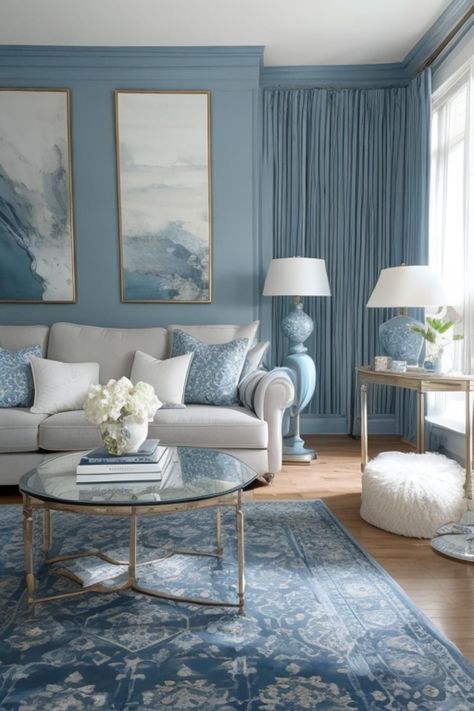 French Blue Living Room, Blue And Grey Living Room, Old Money Interior Design, Old Money Interior, Light Blue Rooms, Blue Grey Living Room, Light Blue Living Room, Blue Couch Living, Blue Walls Living Room