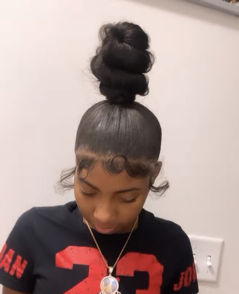 Top Knot Ponytail Black Women, Top Knot Bun Black Women Weave, Top Knot Black Women, High Knot Bun Black Women, Top Knot Bun With Braiding Hair Weave, Curly Top Knot Bun With Weave, High Buns Black Women, Bun With Weave, Weave Bun For Black Women