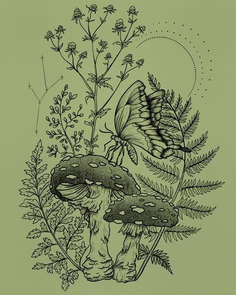 Earthy Mushroom Tattoo, Spring Themed Tattoo, Nature Themed Thigh Tattoos, Mushroom And Dragonfly Tattoo, Mushroom Tattoo Thigh, Forest Mushroom Tattoo, Woodland Mushroom Tattoo, Fairy On Toadstool Tattoo, Mushroom Wildflower Tattoo