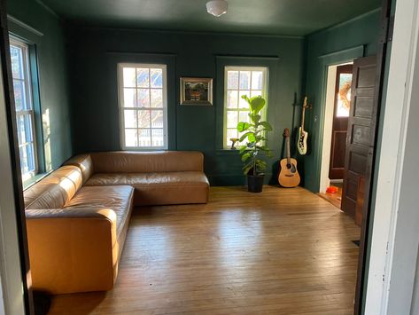 Green Painted Walls And Ceiling, All Green Painted Room, Green Walls Green Ceiling, Emerald Green Basement, Billard Green Paint, Dark Green Basement Walls, Sherwin Williams Billiard Green, Billiard Green Sherwin Williams, Sw Billiard Green