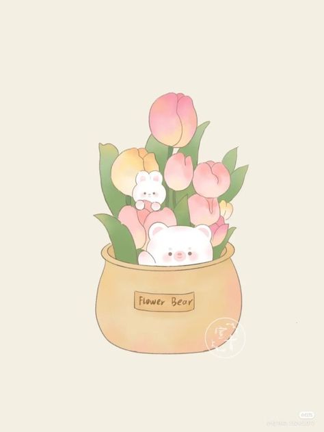 Cute Tulips Drawing, Tulip Illustration, Cute Flower Drawing, Tulip Drawing, Flower Drawing Tutorials, Tulips Art, Cute Kawaii Animals, 카드 디자인, Cute Animal Drawings Kawaii