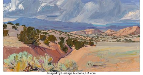 Louisa McElwain (American, 1953-2013). Chimayo Badlands, 1994. Oil | Lot #46005 | Heritage Auctions Badlands Painting, Midwest Landscape Painting, Desert Oil Painting, Appalachian Mountains Painting, Scenery Inspiration, Mitchell Albala Landscape Paintings, Mexico Landscape, Desert Landscapes, Inspiration Painting