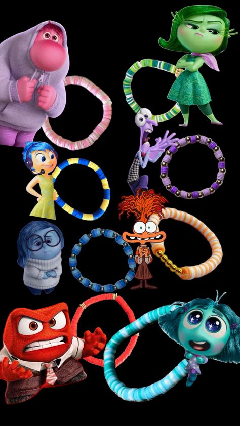 Inside out characters bracelet inspo Inside Out Clay Bead Bracelet, Perler Bead Bracelet Ideas, Inside Out 2 Bracelet, Inside Out 2 Bracelet Ideas, Inside Out Bracelet Ideas, Disney Character Bracelets, Bracelet Ideas Best Friends, Bracelet Ideas Characters, Inside Out Bracelets