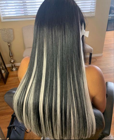 Black And Blond Hair Extensions, Black Hair Blonde Highlights Underneath, Jet Black Hair With White Highlights, Skunk Hair Extensions, Black And Blonde Straight Hair, Black And Blonde Hair Extensions, Black Hair With White Strands, Black Hair With Platinum Highlights Underneath, Underlayer Highlights