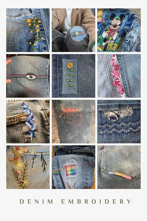 It’s time for you to revamp your denim game and patch your jeans using embroidery. Embrace visible mending and give your favorite jeans a new lease of life! Patch Jeans Embroidery, Embroidery Over Rips, Jean Rip Repair Embroidery, Repairing Jeans With Embroidery, Fix Ripped Jeans Embroidery, Altered Jeans Diy, Jeans Patches Diy, Embroidery On Jeans Ideas, Sashiko Mending Jeans